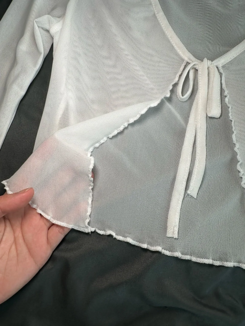 White Sheer Mesh Tie Front Top